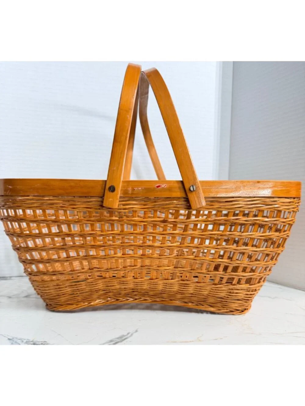 Vintage Wicker Picnic Basket Woven Gathering Market Basket Dual Handles Boho